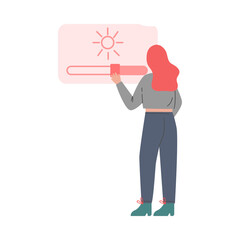 Young Woman Adjusting Smartphone Screen Brightness with Slide Scale Vector Illustration