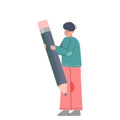 Man Holding Huge Pencil as Stationery Writing Tool Vector Illustration