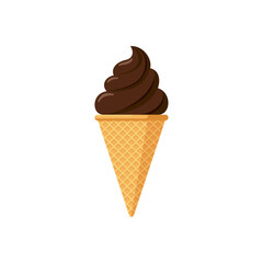 Delicious chocolate ice cream in waffle cone. Tasty isolated twisted cocoa ice-cream on white background. Cute flat style product design vector eps illustration