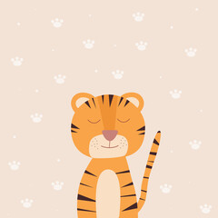 Cute tiger face on beige background. A symbol of the new year. Cartoon tiger. Vector illustration