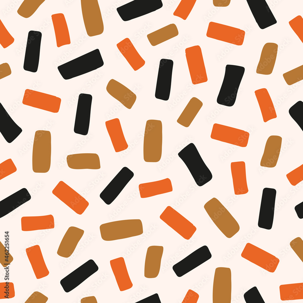 Poster abstract irregular seamless pattern with doodle rectangles red, brown and black colors on white back