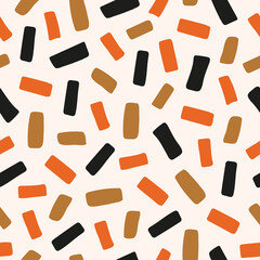 Abstract irregular seamless pattern with doodle rectangles  red, brown and black colors on white background. Hand drawn minimal vector illustration