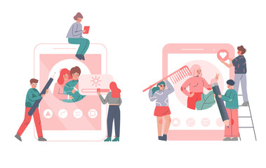 Smartphone Setting with Young Man and Woman Engaged in Photo Retouch Adjustments Vector Set