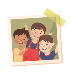 Fototapeta na wymiar Happy Little Boy on Photo Card or Snapshot Sticking on the Wall Vector Illustration