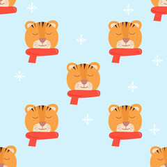 cute tiger face with red scarf blue snowflake background .