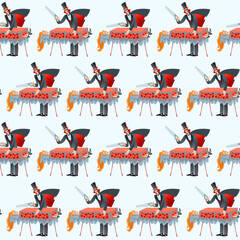Magician sawing a woman in half. Seamless background pattern.
