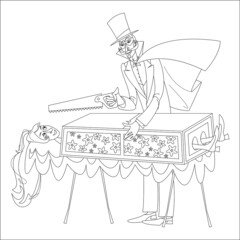 Magician sawing a woman in half. Coloring page.