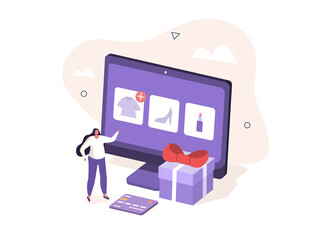 Character buying goods online on internet marketplace. Woman shopping online and receiving gift. Shopping and retail concept. Flat isometric vector illustration.