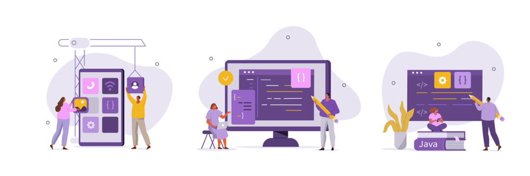 
Development and programming scenes. Developers team programming code and building mobile app, students reading coding books with programmer languages. Flat cartoon vector illustration and icons set.