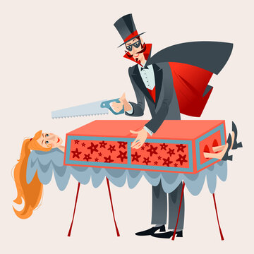 Magician sawing a woman in half.