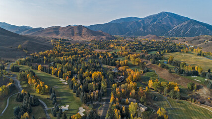 Drone aerial view of Sun Valley, Idaho with beautiful fall colors - obrazy, fototapety, plakaty