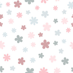Floral seamless pattern with simple daisy flower isolated on white background.  Can be used for fabric, wrapping paper, scrapbooking, textile, banner and other design. Flat design.