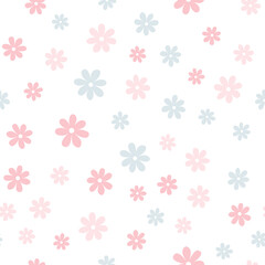 Floral seamless pattern with simple daisy flower isolated on white background.  Can be used for fabric, wrapping paper, scrapbooking, textile, banner and other design. Flat design.