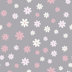 Floral seamless pattern with simple daisy flower isolated on gray background.  Can be used for fabric, wrapping paper, scrapbooking, textile, banner and other design. Flat design.
