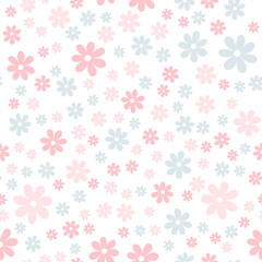 Floral seamless pattern with simple daisy flower isolated on white background.