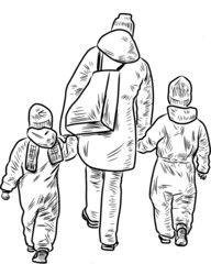 Contour drawing of mother with her little children walking outdoors