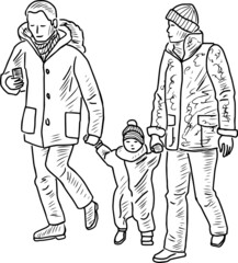 Fototapeta na wymiar Outline drawing of family citizens with baby walking outdoors together