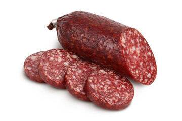 Smoked sausage salami with slices isolated on white background with clipping path and full depth of field