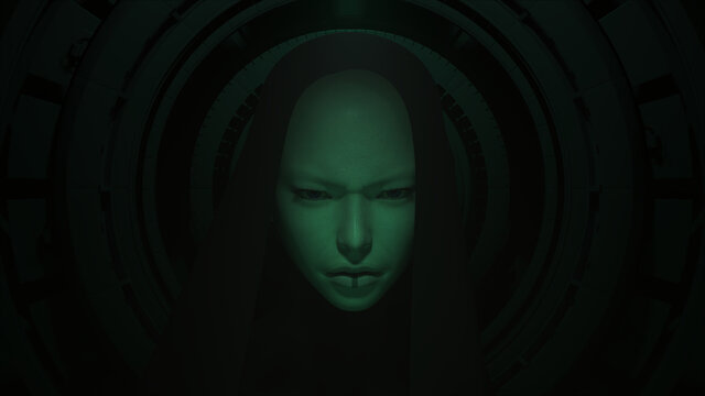 Futuristic Woman Female Green Screen Glow Sci Fi Witch Halloween CG Character in a Hood 3d illustration render	