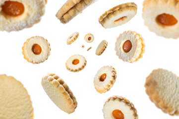 Collection of Marmalade Biscuits falling isolated on white background. Selective focus