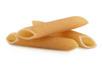 Wolegrain penne pasta from durum wheat isolated on white background with clipping path and full depth of field.