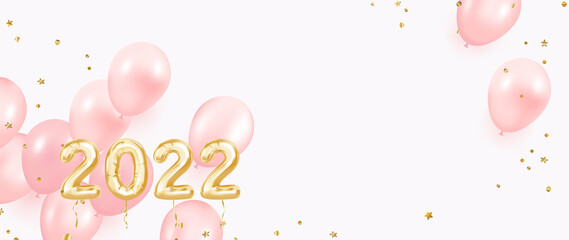 Happy new year 2022 background vector. Golden foil balloons numeral 2022 with gold and black balloon, ribbon and gold litter. Happy new year and holiday banner with realistic festive object. 