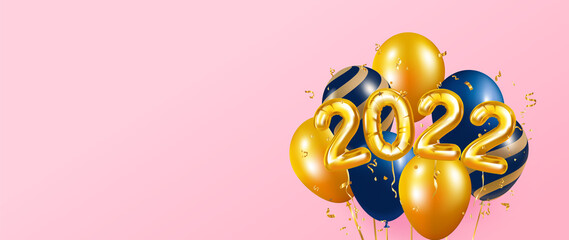 Happy new year 2022 background vector. Golden foil balloons numeral 2022 with gold and black balloon, ribbon and gold litter. Happy new year and holiday banner with realistic festive object. 