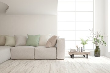 White living room with sofa. Scandinavian interior design. 3D illustration