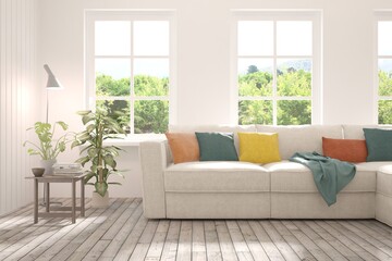 White living room with sofa and summer landscape in window. Scandinavian interior design. 3D illustration