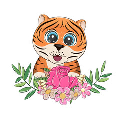 Obraz na płótnie Canvas Cute cartoon baby Tiger with beautiful flowers.