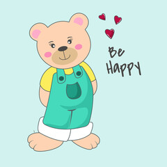Cute cartoon baby teddy bear in clothes.