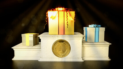 winners pedestal with present boxes on glowing background - object 3D illustration