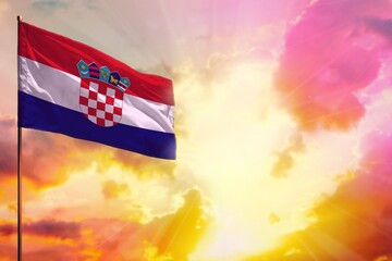 Fluttering Croatia flag in top left corner mockup with the space for your text on beautiful...