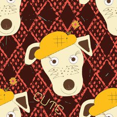 Smiling dog with eyelashes on big eyes, freckles and a yellow hat seamless repeat pattern print background
