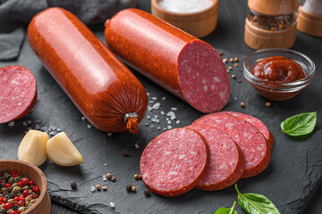Sausage with spices, sauce and basil on a black background.