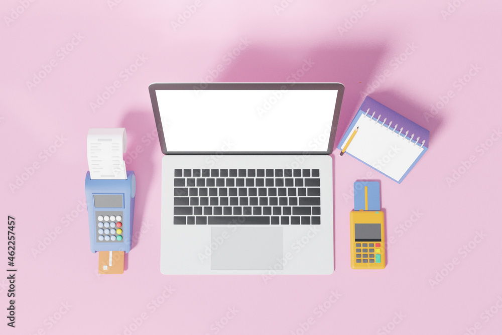 Poster laptop notebook mockup top view card payment pos terminal. bill money transactions calendar check co