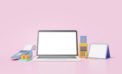 Online payments shopping concept. POS terminal. bill Money transfer Laptop mockup empty white screen and calendar check day time minimal cartoon on pink pastel background. 3d render