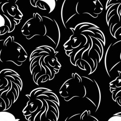 Lions, ink, line art vector seamless chalk pattern isolated on black background. Concept for wallpaper, print, card