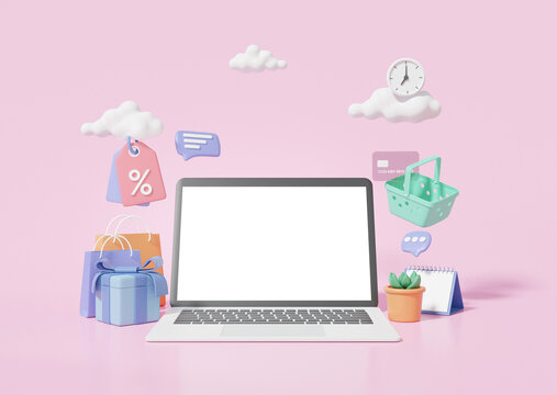 3D Laptop mockup empty white screen online store concept. Shopping online via notebook on pink pastel background, discount promotion sale, website. 3d render. illutration