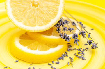 lemon and lavender on a yellow background close-up postcard poster
