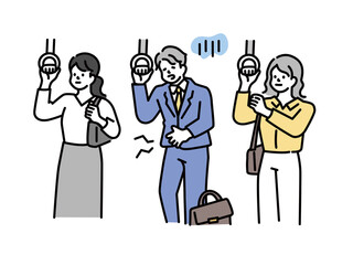 電車に乗る、つり革を掴むイラスト(通勤、通学、腹痛、体調不良、交通) An illustration of getting on a train and grabbing a strap.Commuting, commuting, abdominal pain, poor health, transportation.