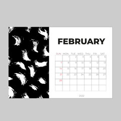 Desk calender 2022 design, February month template, Calendar 2022 template, planner, simple, Wall calendar design, week starts on sunday, printing, advertiement, Yellow brushstroke background, vector