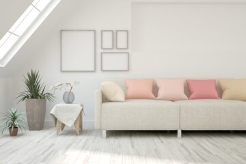 White living room with sofa. Scandinavian interior design. 3D illustration