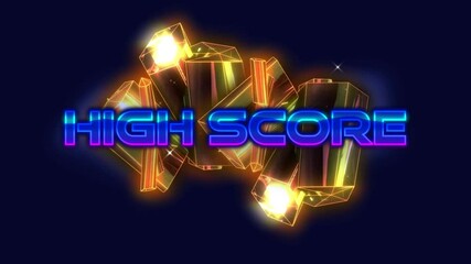 Animation of high score text over geometrical 3d glowing moving shapes - Powered by Adobe