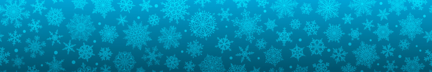 Fototapeta na wymiar Christmas horizontal banner of big and small complex snowflakes with seamless horizontal repetition, in light blue colors. Winter background with falling snow