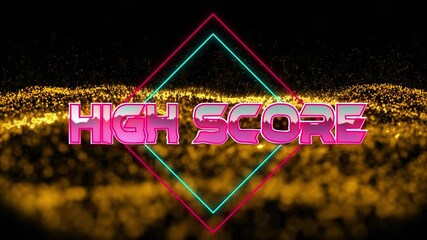 Animation of high score over geometrical moving shapes and wave - Powered by Adobe