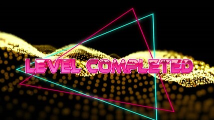 Animation of level completed text over geometrical moving shapes and wave - Powered by Adobe