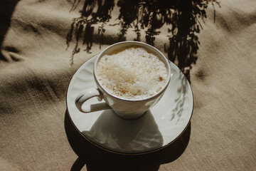 Modern coffee cup with milk and foam on a beige background isolated with a plant shadow.