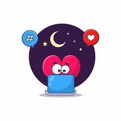 Cute heart operating Laptop at night. Cartoon Vector Icon Illustration.heart and hashtag icon. Can be used as illustration for Kids,poster or t-shirt
