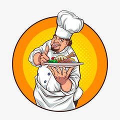 good chef thumb up carrying food plate on circle sign